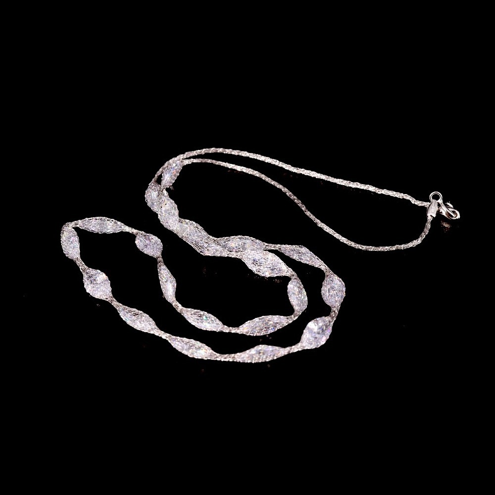 Solid 14K White Gold Mesh Web DQCZ Station Necklace - Picture 2 of 6
